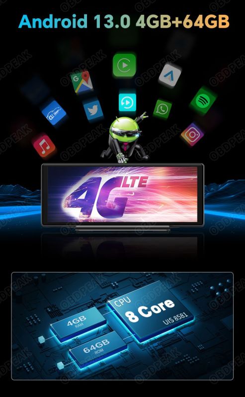 Авто екран OBDPEAK K50 LTE, Відеорєєстратор, 4/64ГБ Android 13