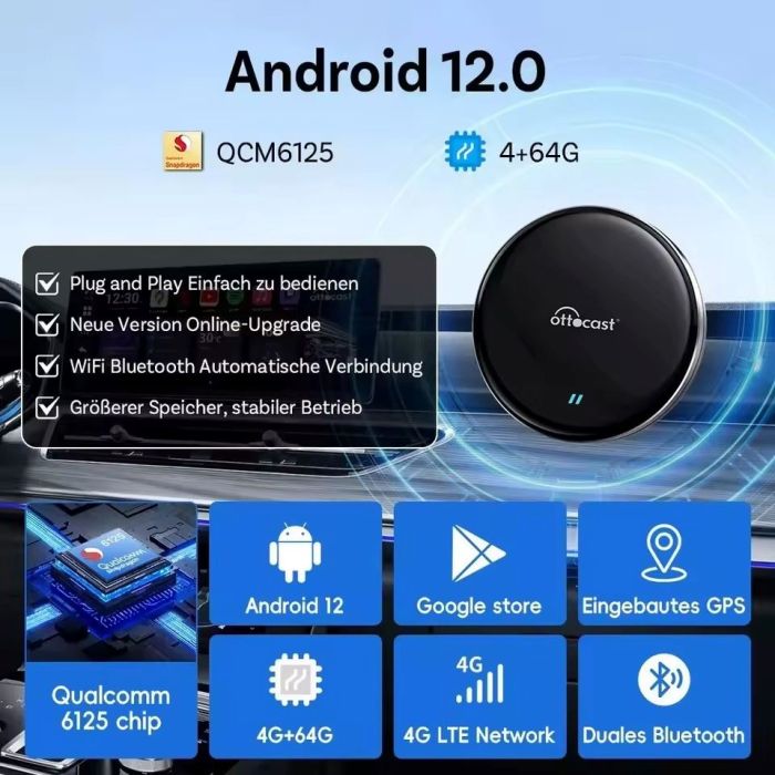 Ottocast P3 Lite авто приставка с Android 12 через CarPlay, YouTube