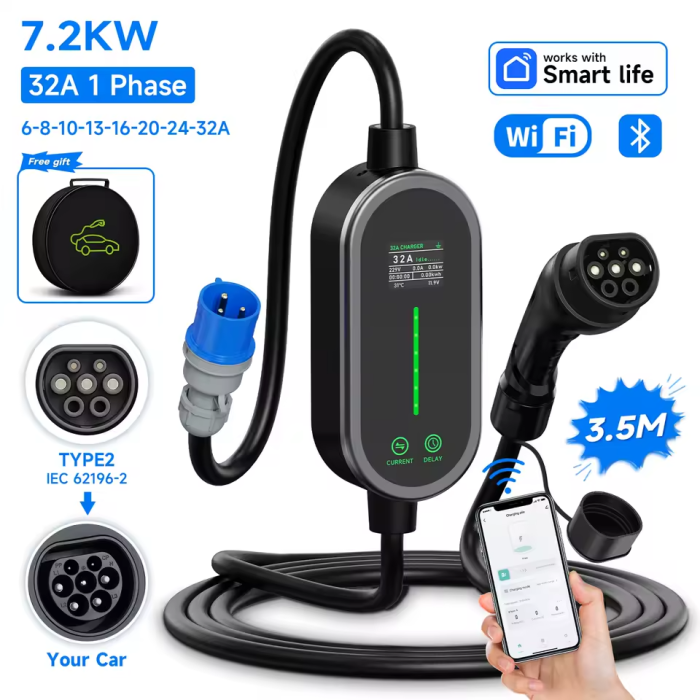 Зарядка для электромобиля Afyeev 7кВт 32A, Type2 Wi-Fi, APP Bluetooth Control
