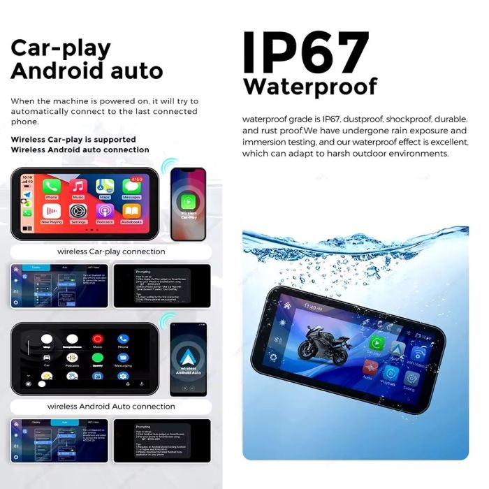 Сенсорний бездротовий екран CarPlay & Android Auto для мотоцикла з навігатором