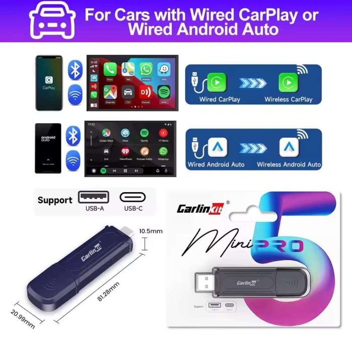 Адаптер CarlinKit Mini v5.0 Pro Dual Mode для бездротового Apple CarPlay & Android Auto